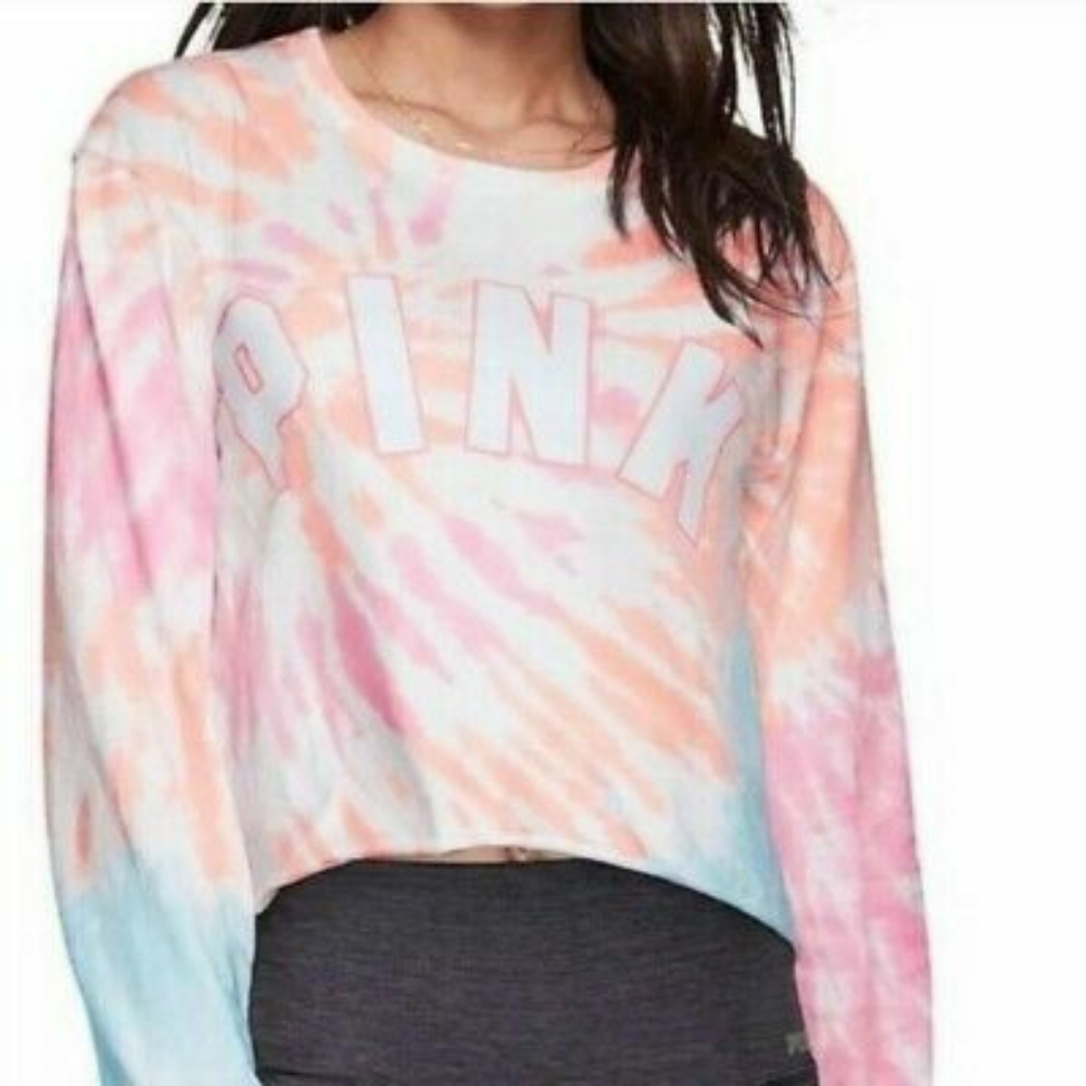 Pink Victoria's Secret Tie Dye Long Sleeve Cropped Graphic Tee Multicolor